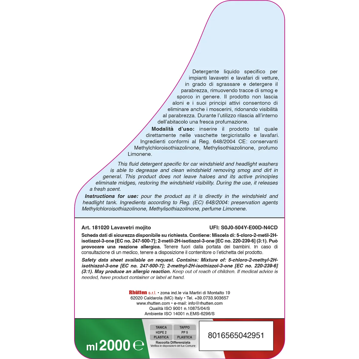 Lavavetri per Vaschette Tergicristalli Mojito, Pronto all’uso, Detergente Parabrezza, Elimina Insetti e Smog, Profumo Lime, Estivo, 2L - immagine 2